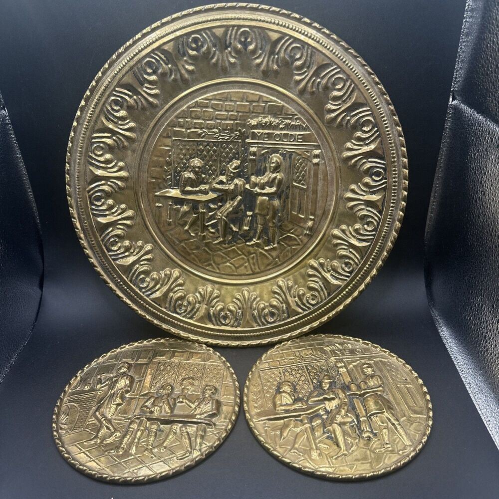 Vtg Brass 1 - 12" & 2 - 6” Charger Wall Plaque Repousse Tavern Scene England (3)